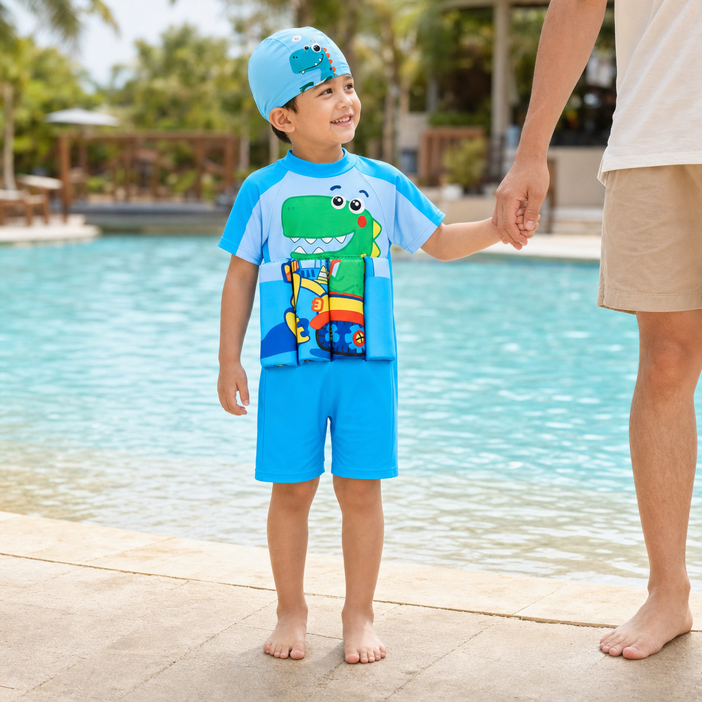 Dino Explorer float swimsuit worn poolside with adult supervision
