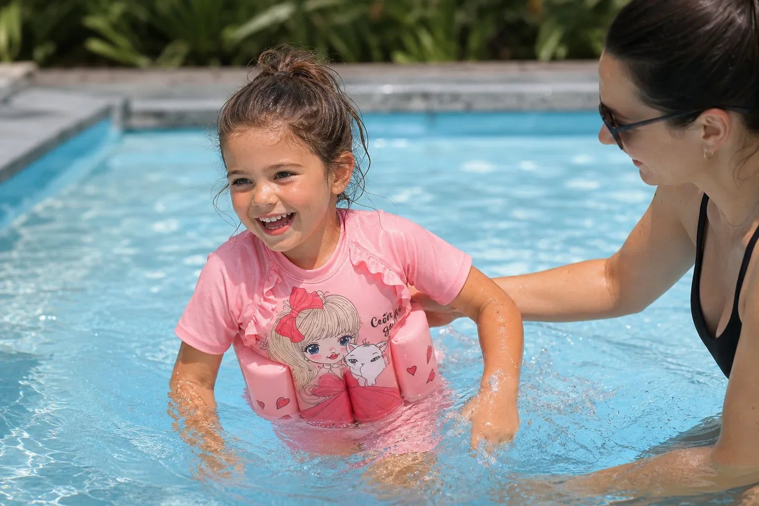 Child wearing the Princess Kitty Confident Splash float swimsuit during supervised pool play